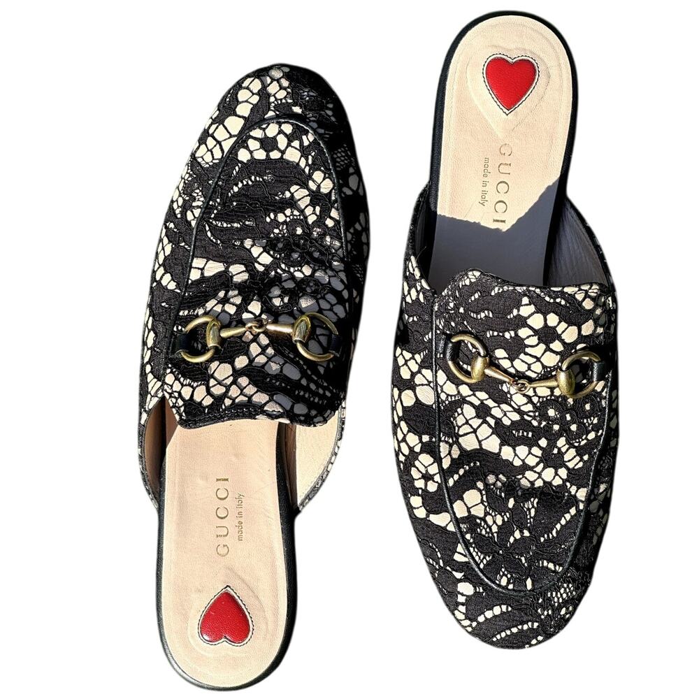 Authentic Gucci Princetown Black Nude lace horsebit slip on mules flats Size 36